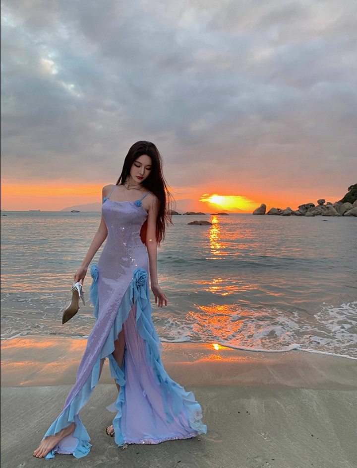 Stunning Spaghetti Strap 3D Floral Accent Ruffles Maxi Dress Glittering Sheath Sequins High-Slit Long Dress AP3505