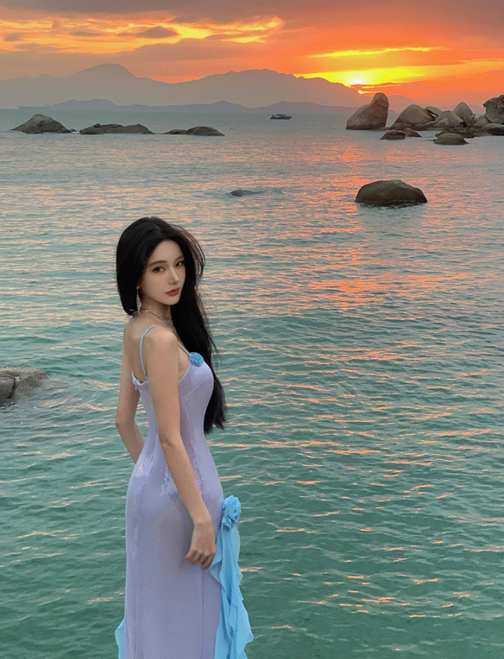 Stunning Spaghetti Strap 3D Floral Accent Ruffles Maxi Dress Glittering Sheath Sequins High-Slit Long Dress AP3505