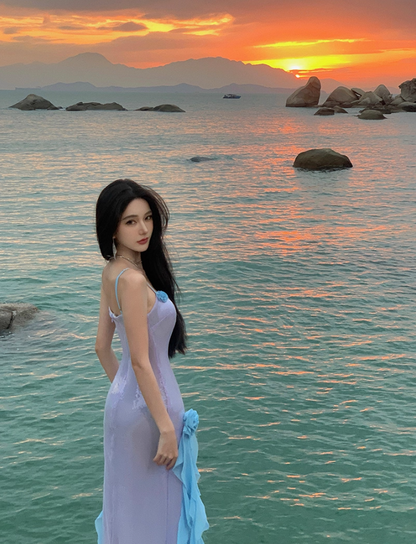 Stunning Spaghetti Strap 3D Floral Accent Ruffles Maxi Dress Glittering Sheath Sequins High-Slit Long Dress AP3505