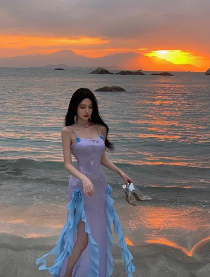 Stunning Spaghetti Strap 3D Floral Accent Ruffles Maxi Dress Glittering Sheath Sequins High-Slit Long Dress AP3505