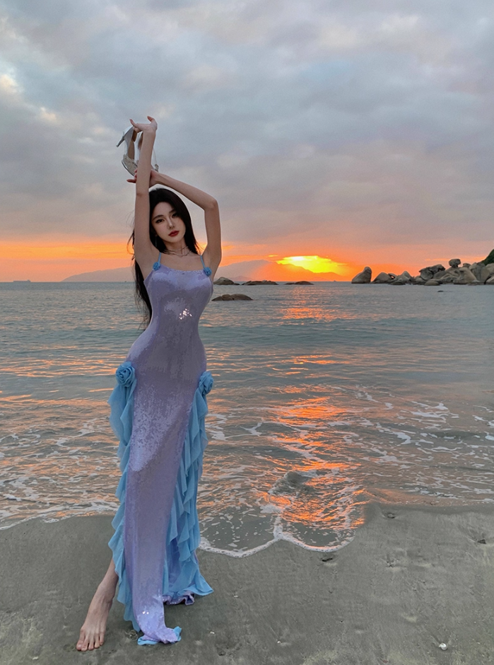 Stunning Spaghetti Strap 3D Floral Accent Ruffles Maxi Dress Glittering Sheath Sequins High-Slit Long Dress AP3505