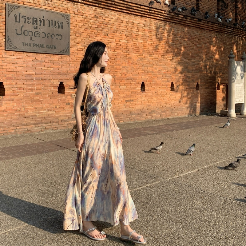 Vogue Tie-Dye A-Line Backless Maxi Dress Oil Painting Style Flowy Ruched Halter Long Dress AP3506