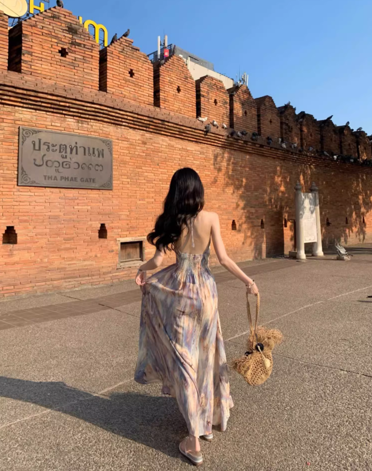 Vogue Tie-Dye A-Line Backless Maxi Dress Oil Painting Style Flowy Ruched Halter Long Dress AP3506