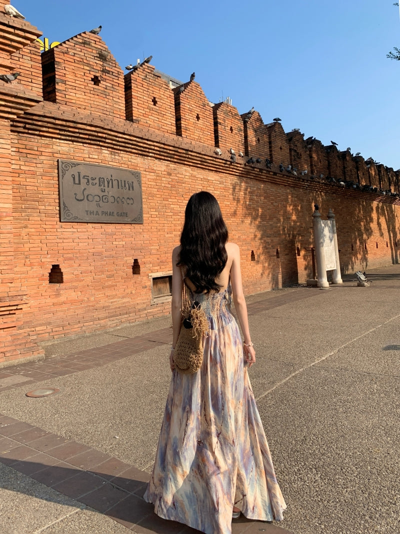 Vogue Tie-Dye A-Line Backless Maxi Dress Oil Painting Style Flowy Ruched Halter Long Dress AP3506