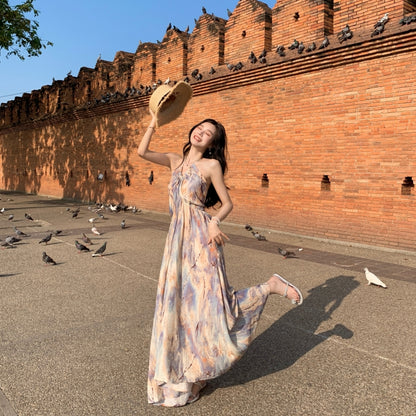 Vogue Tie-Dye A-Line Backless Maxi Dress Oil Painting Style Flowy Ruched Halter Long Dress AP3506