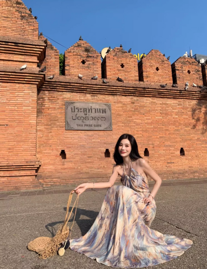 Vogue Tie-Dye A-Line Backless Maxi Dress Oil Painting Style Flowy Ruched Halter Long Dress AP3506