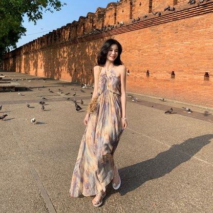 Vogue Tie-Dye A-Line Backless Maxi Dress Oil Painting Style Flowy Ruched Halter Long Dress AP3506