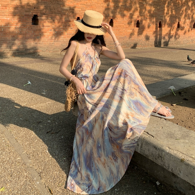 Vogue Tie-Dye A-Line Backless Maxi Dress Oil Painting Style Flowy Ruched Halter Long Dress AP3506