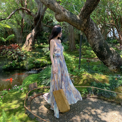 Vogue Tie-Dye A-Line Backless Maxi Dress Oil Painting Style Flowy Ruched Halter Long Dress AP3506