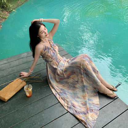 Vogue Tie-Dye A-Line Backless Maxi Dress Oil Painting Style Flowy Ruched Halter Long Dress AP3506