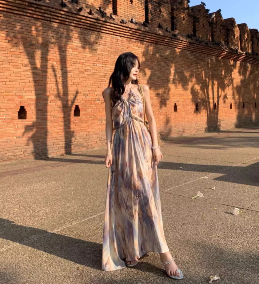 Vogue Tie-Dye A-Line Backless Maxi Dress Oil Painting Style Flowy Ruched Halter Long Dress AP3506