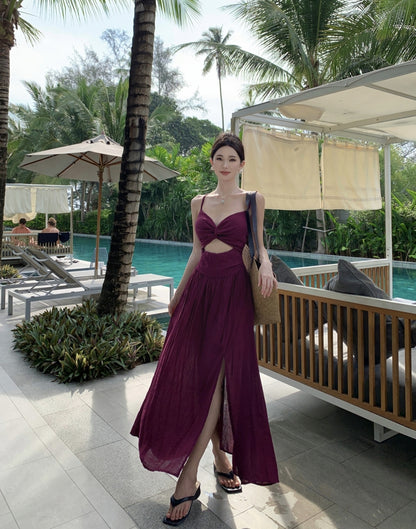 Sexy A-Line Purple Spaghetti Straps Maxi Dress Minimalism Cutout High-Slit Flowy Long Dress AP3507