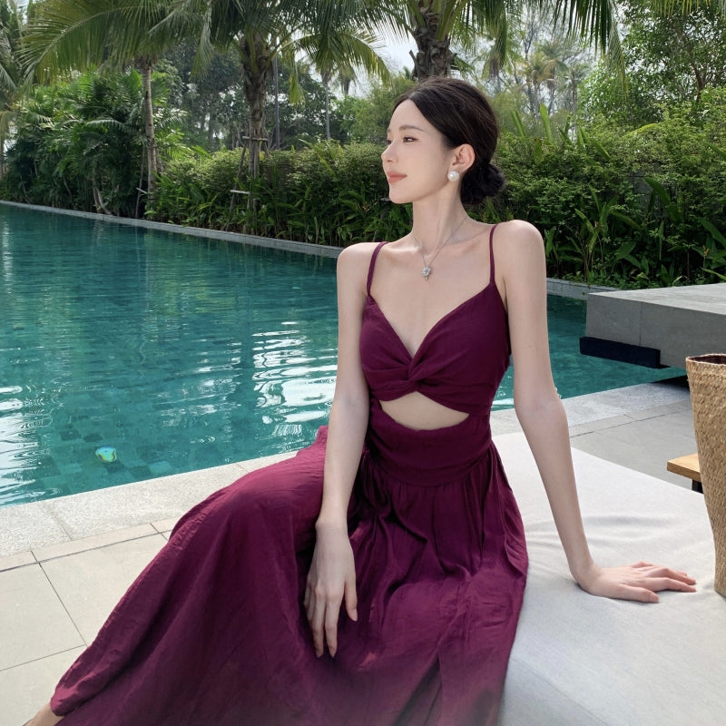 Sexy A-Line Purple Spaghetti Straps Maxi Dress Minimalism Cutout High-Slit Flowy Long Dress AP3507