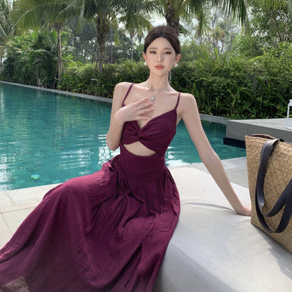 Sexy A-Line Purple Spaghetti Straps Maxi Dress Minimalism Cutout High-Slit Flowy Long Dress AP3507