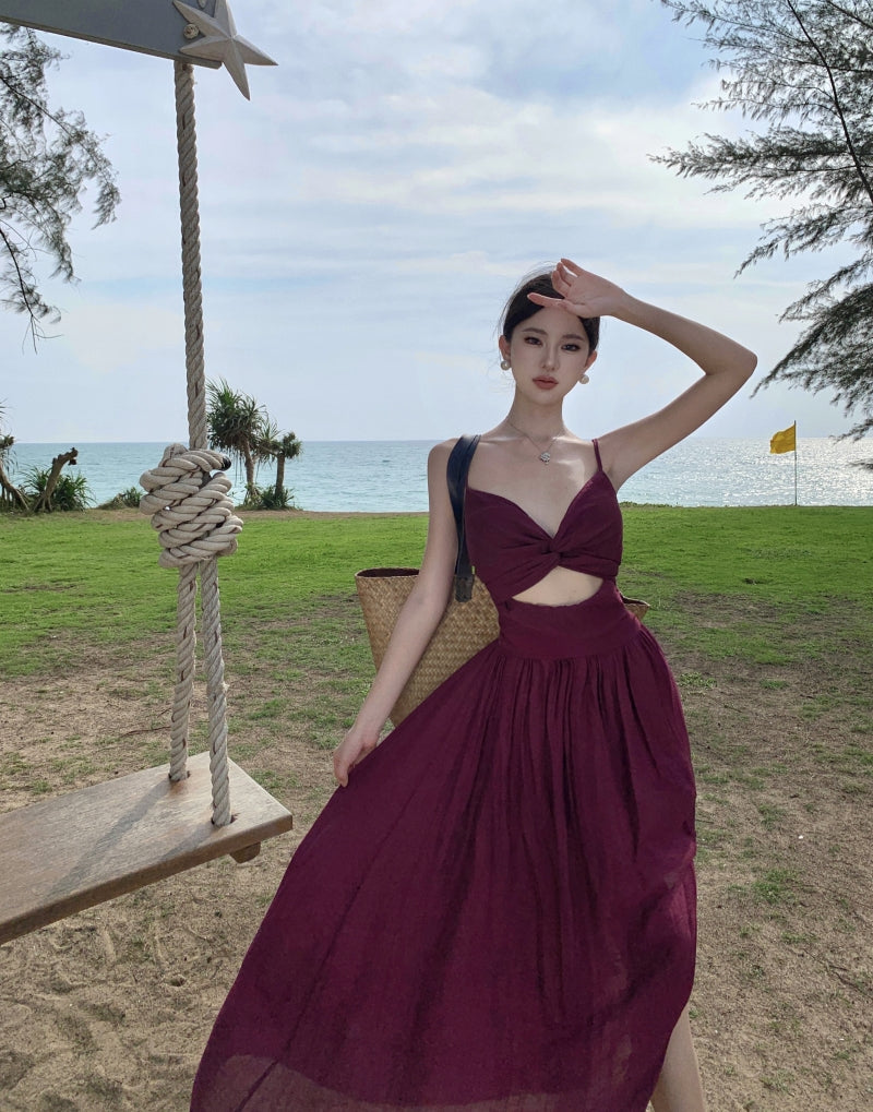 Sexy A-Line Purple Spaghetti Straps Maxi Dress Minimalism Cutout High-Slit Flowy Long Dress AP3507