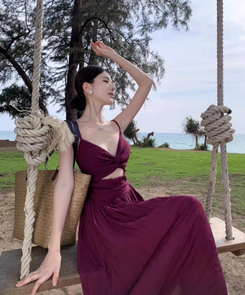 Sexy A-Line Purple Spaghetti Straps Maxi Dress Minimalism Cutout High-Slit Flowy Long Dress AP3507