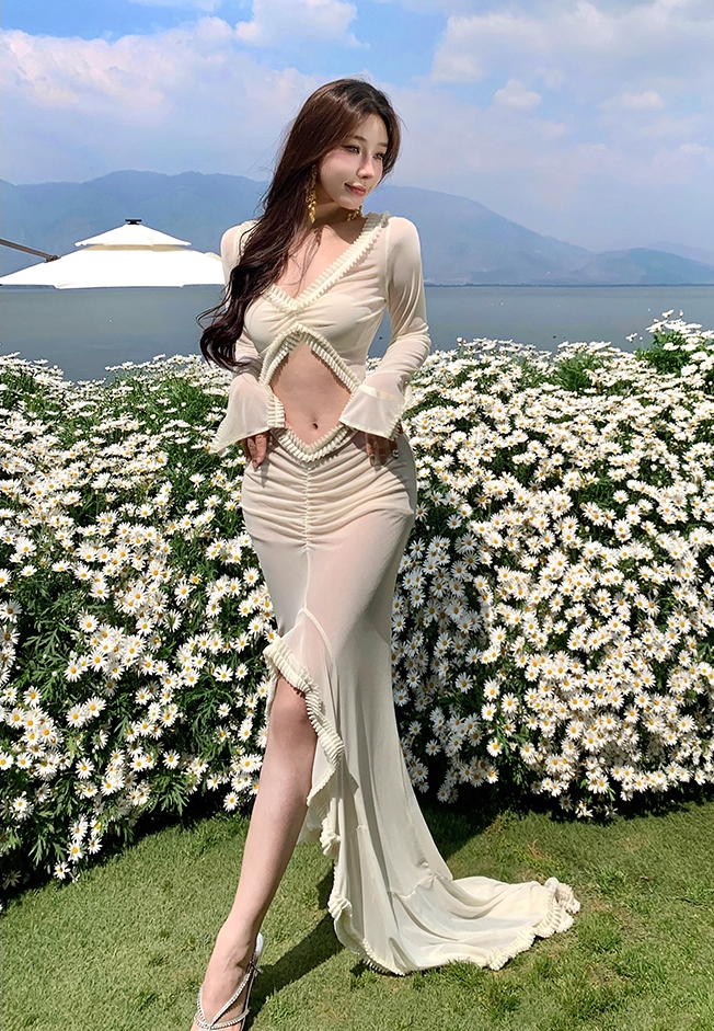 Dramatic V Neck Sheath Long Bell Sleeve Maxi Dresses Hottie Parties Outfit Cutout High-Slit Long Dress AP3508