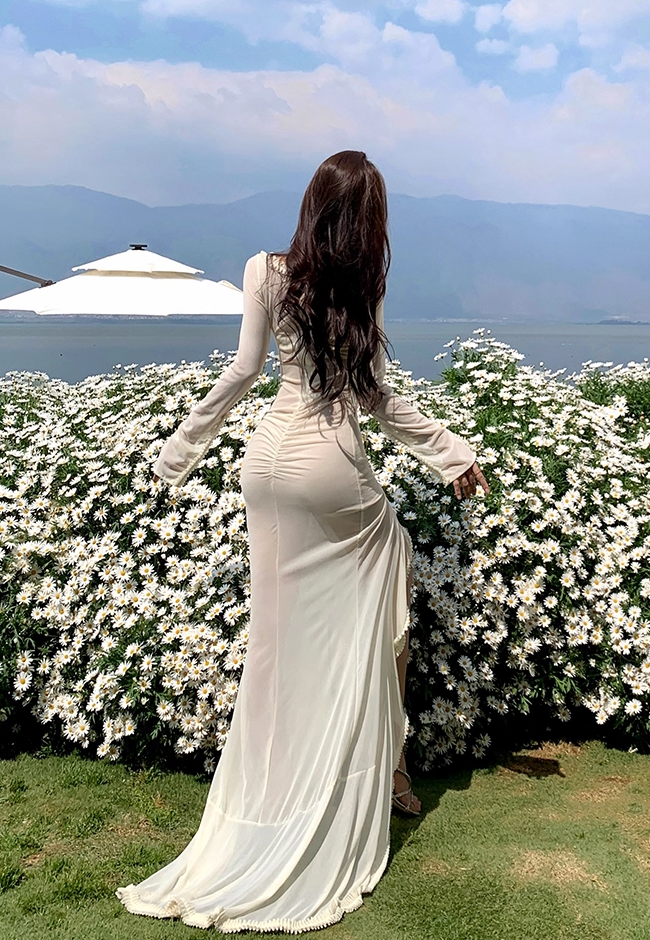 Dramatic V Neck Sheath Long Bell Sleeve Maxi Dresses Hottie Parties Outfit Cutout High-Slit Long Dress AP3508