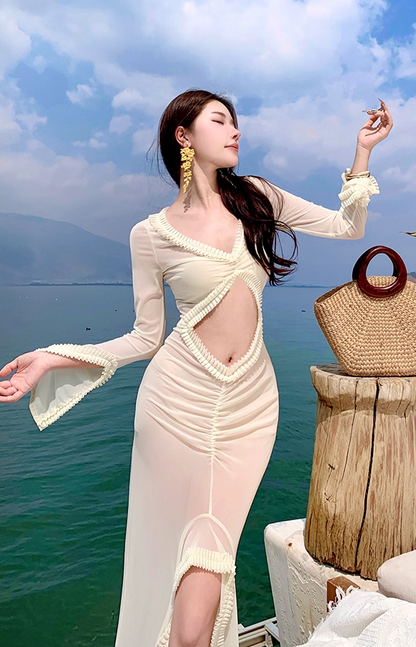 Dramatic V Neck Sheath Long Bell Sleeve Maxi Dresses Hottie Parties Outfit Cutout High-Slit Long Dress AP3508