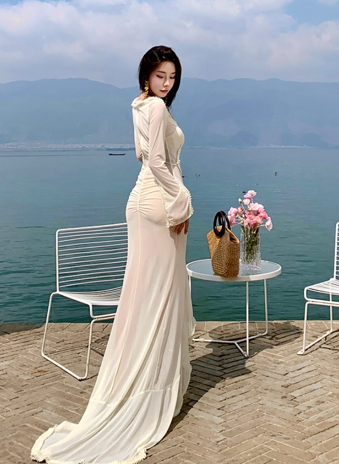 Dramatic V Neck Sheath Long Bell Sleeve Maxi Dresses Hottie Parties Outfit Cutout High-Slit Long Dress AP3508