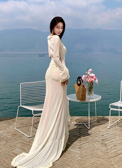 Dramatic V Neck Sheath Long Bell Sleeve Maxi Dresses Hottie Parties Outfit Cutout High-Slit Long Dress AP3508