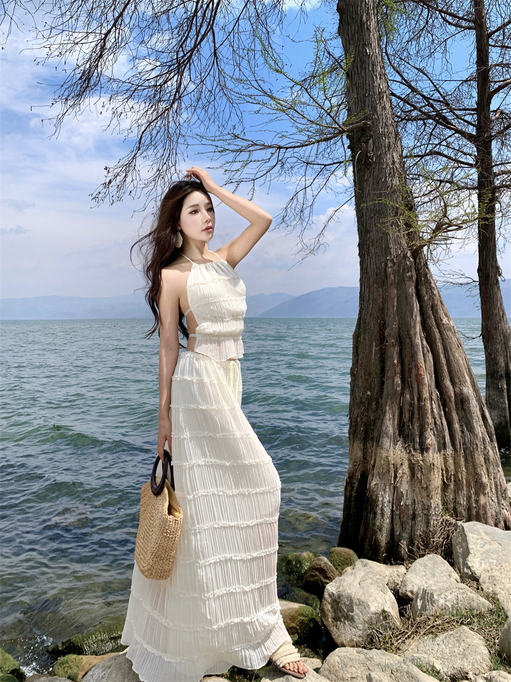 Glamorous A-Line 2-Piece Set Maxi Dress Casual Tie-Back Pleated Flowy White Halter Long Dress AP3509