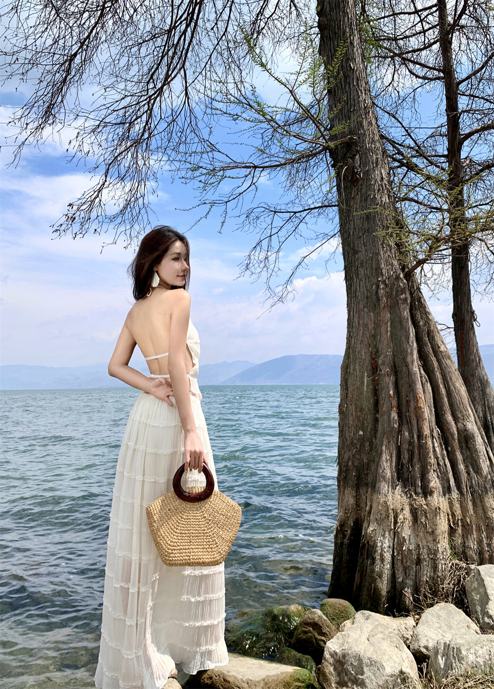 Glamorous A-Line 2-Piece Set Maxi Dress Casual Tie-Back Pleated Flowy White Halter Long Dress AP3509