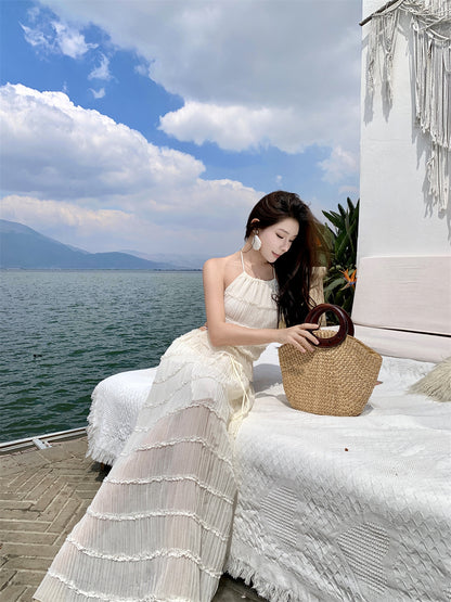 Glamorous A-Line 2-Piece Set Maxi Dress Casual Tie-Back Pleated Flowy White Halter Long Dress AP3509