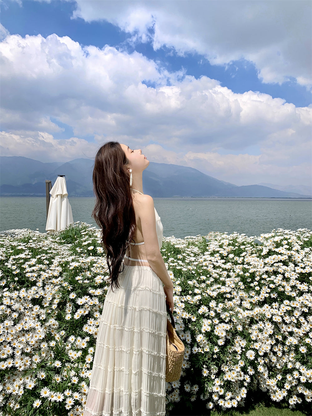 Glamorous A-Line 2-Piece Set Maxi Dress Casual Tie-Back Pleated Flowy White Halter Long Dress AP3509