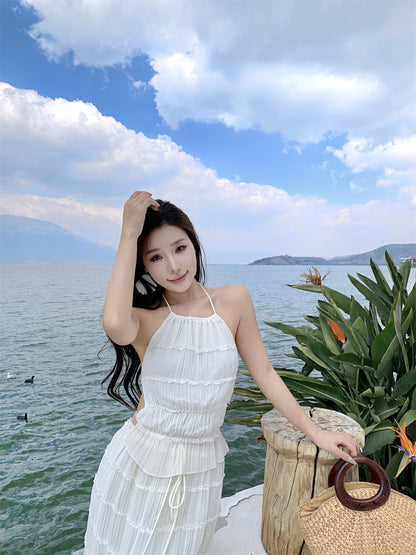 Glamorous A-Line 2-Piece Set Maxi Dress Casual Tie-Back Pleated Flowy White Halter Long Dress AP3509