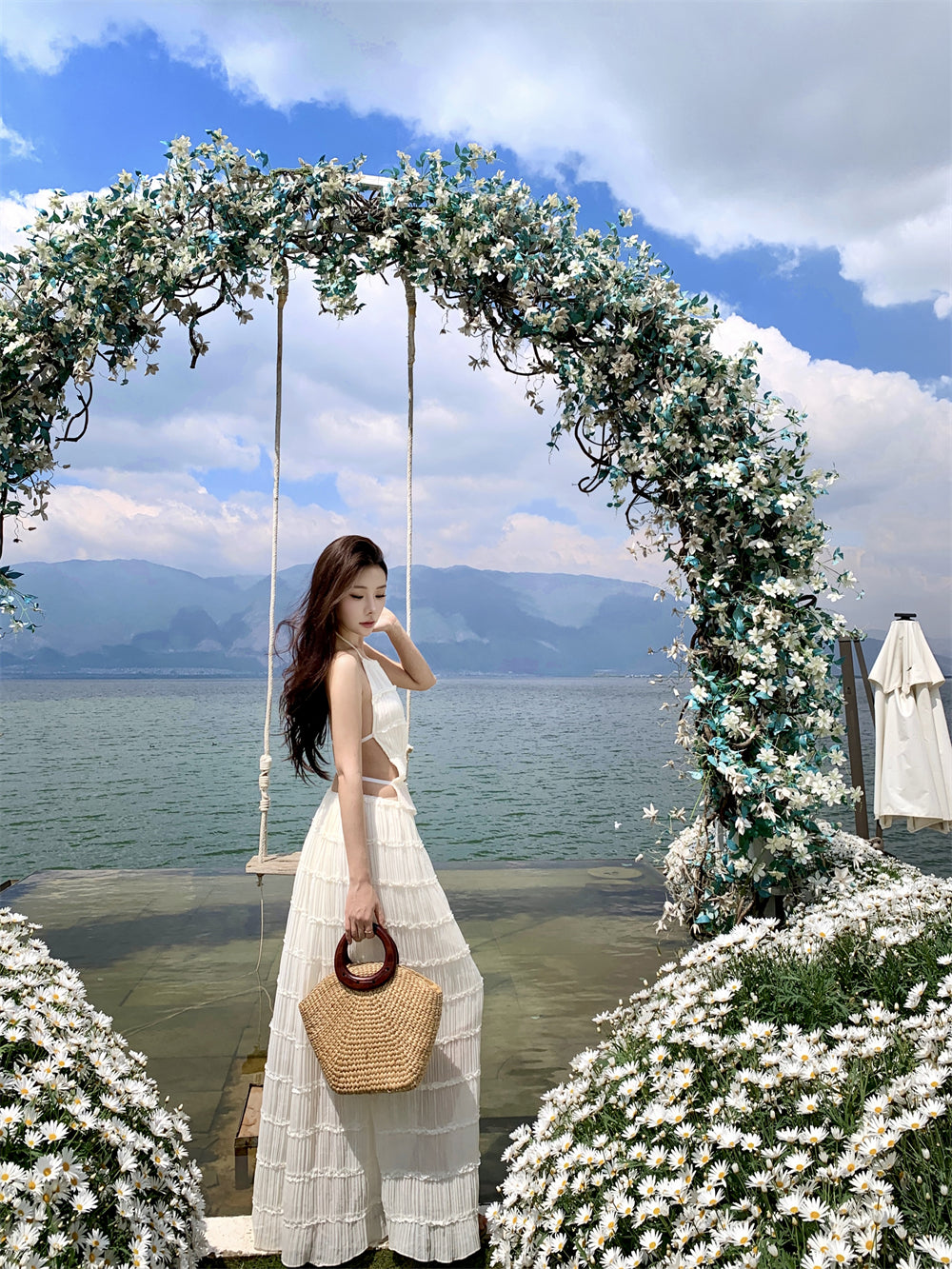 Glamorous A-Line 2-Piece Set Maxi Dress Casual Tie-Back Pleated Flowy White Halter Long Dress AP3509