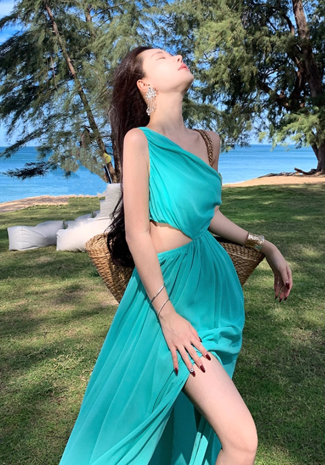 Glam One Shoulder High-Slit A-Line Maxi Dress Gorgeous Cutout Asymmetric Neckline Flowy Ruched Long Dress AP3510