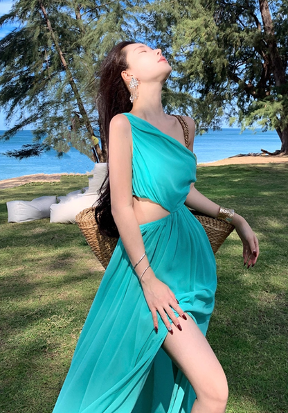 Glam One Shoulder High-Slit A-Line Maxi Dress Gorgeous Cutout Asymmetric Neckline Flowy Ruched Long Dress AP3510