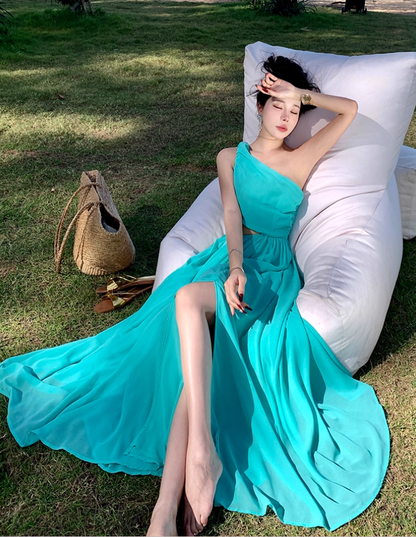 Glam One Shoulder High-Slit A-Line Maxi Dress Gorgeous Cutout Asymmetric Neckline Flowy Ruched Long Dress AP3510