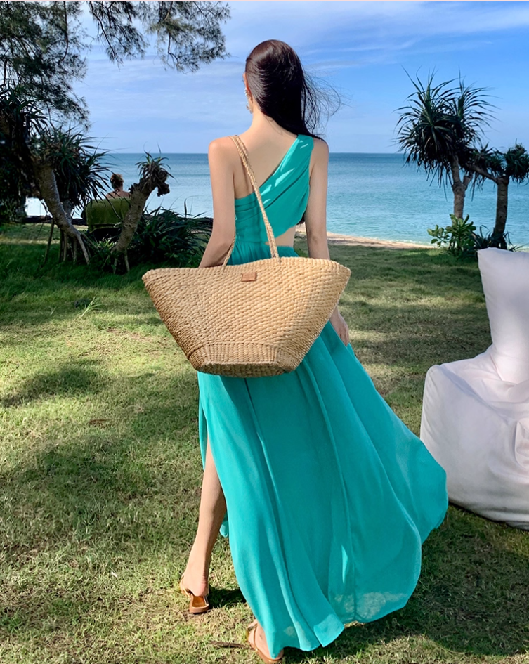 Glam One Shoulder High-Slit A-Line Maxi Dress Gorgeous Cutout Asymmetric Neckline Flowy Ruched Long Dress AP3510