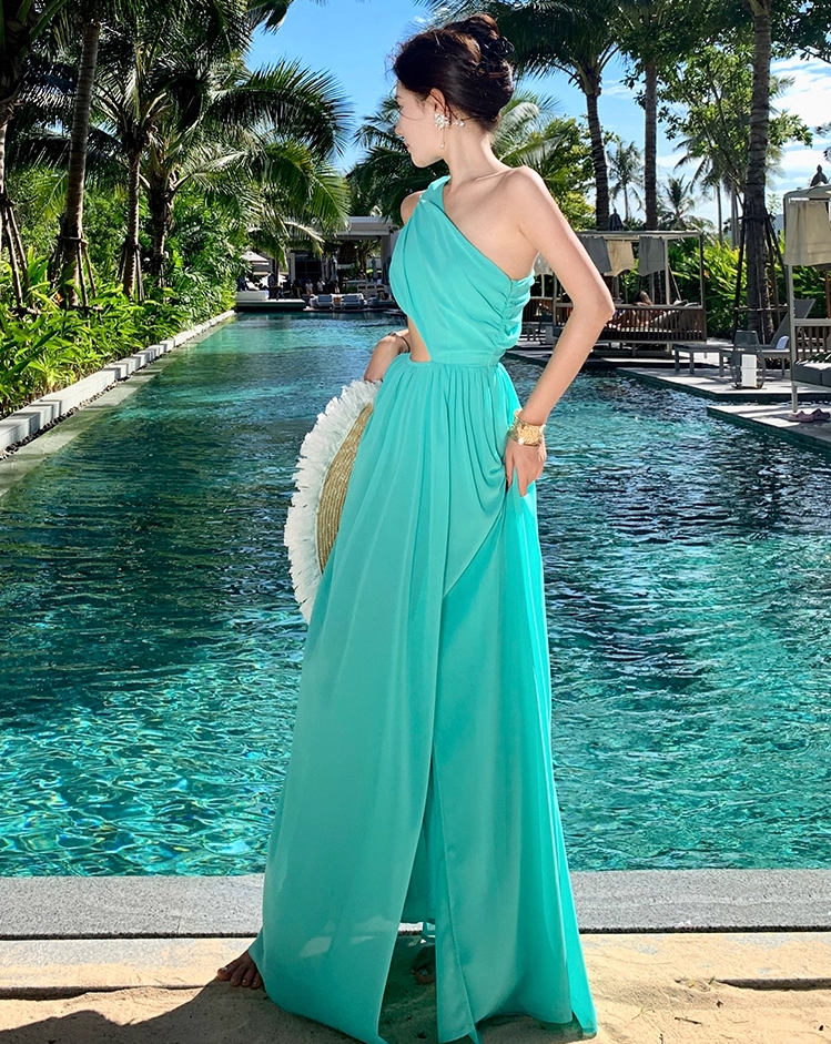 Glam One Shoulder High-Slit A-Line Maxi Dress Gorgeous Cutout Asymmetric Neckline Flowy Ruched Long Dress AP3510
