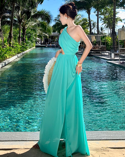 Glam One Shoulder High-Slit A-Line Maxi Dress Gorgeous Cutout Asymmetric Neckline Flowy Ruched Long Dress AP3510