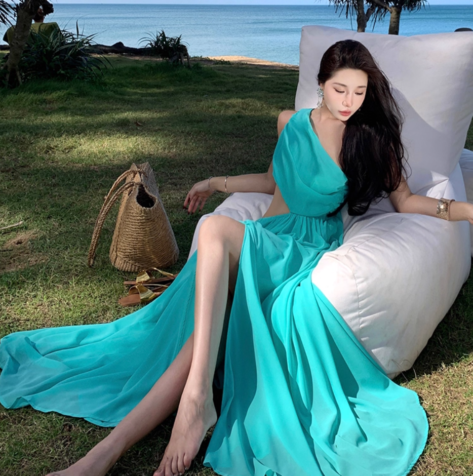 Glam One Shoulder High-Slit A-Line Maxi Dress Gorgeous Cutout Asymmetric Neckline Flowy Ruched Long Dress AP3510