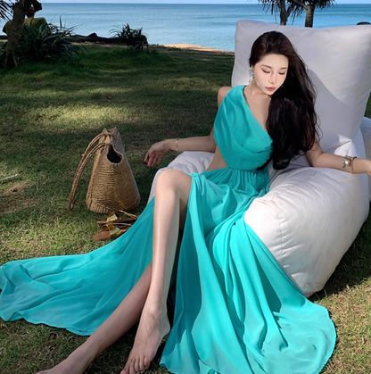 Glam One Shoulder High-Slit A-Line Maxi Dress Gorgeous Cutout Asymmetric Neckline Flowy Ruched Long Dress AP3510