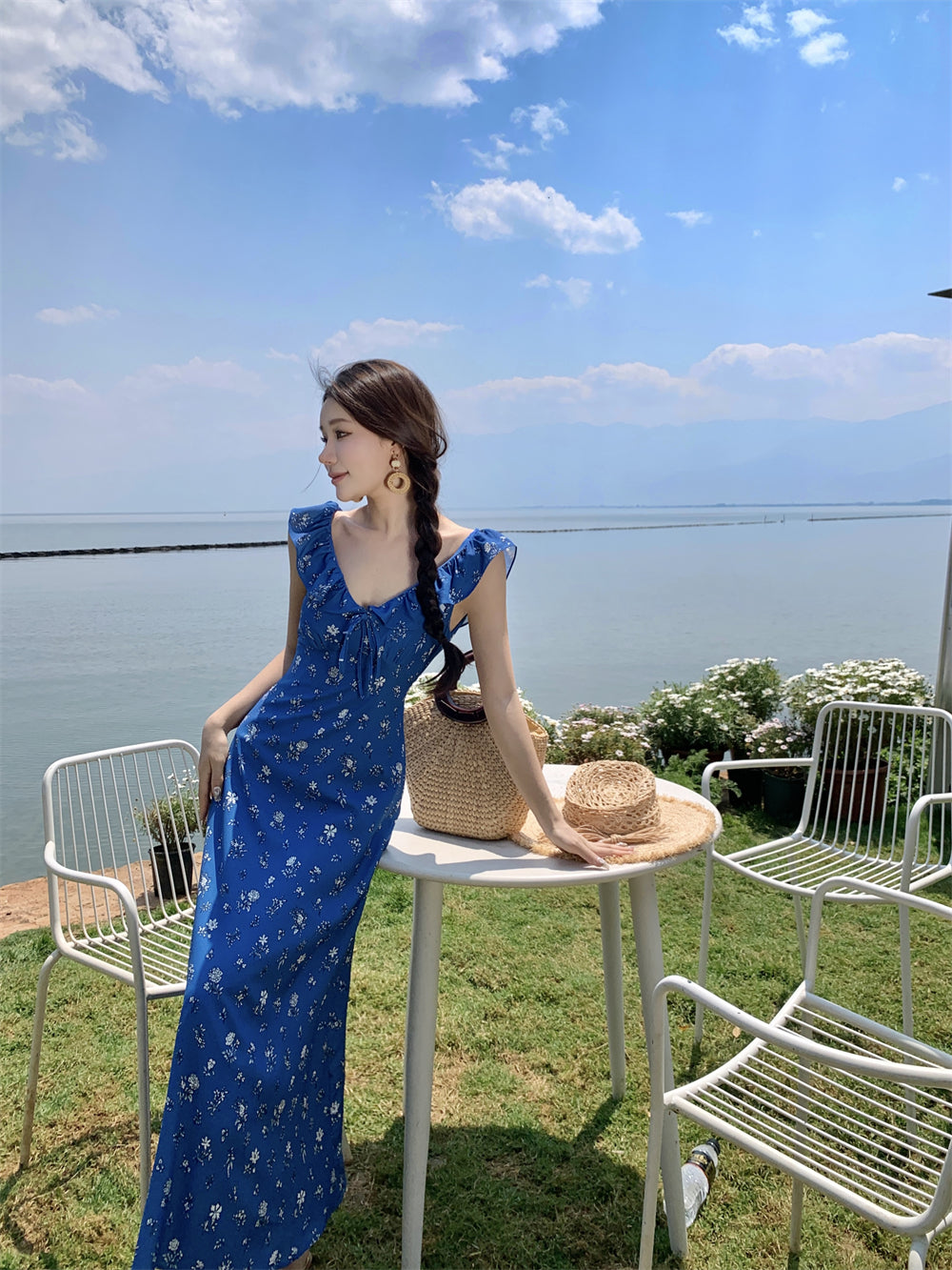 Alluring V Neck Sheath Floral Print Maxi Dress Romantic Ruffles Trim Cinched-Waist Long Dress AP3511