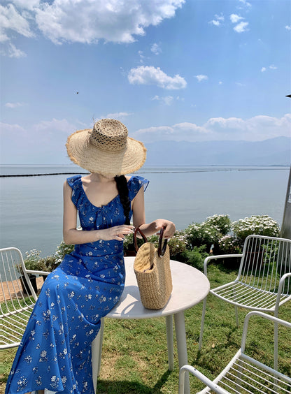 Alluring V Neck Sheath Floral Print Maxi Dress Romantic Ruffles Trim Cinched-Waist Long Dress AP3511