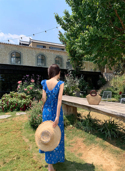 Alluring V Neck Sheath Floral Print Maxi Dress Romantic Ruffles Trim Cinched-Waist Long Dress AP3511