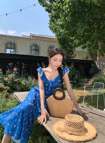 Alluring V Neck Sheath Floral Print Maxi Dress Romantic Ruffles Trim Cinched-Waist Long Dress AP3511