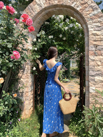 Alluring V Neck Sheath Floral Print Maxi Dress Romantic Ruffles Trim Cinched-Waist Long Dress AP3511