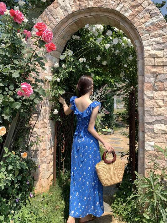 Alluring V Neck Sheath Floral Print Maxi Dress Romantic Ruffles Trim Cinched-Waist Long Dress AP3511