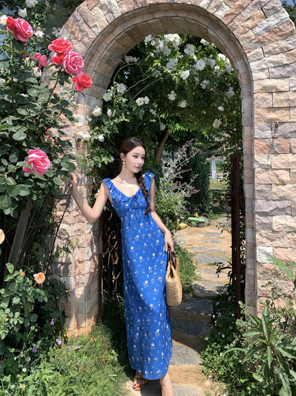 Alluring V Neck Sheath Floral Print Maxi Dress Romantic Ruffles Trim Cinched-Waist Long Dress AP3511