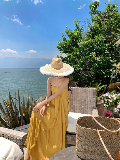 Minimalist A-Line Spaghetti Straps Flowy Maxi Dress Loose Fit Yellow Backless Long Dress AP3512