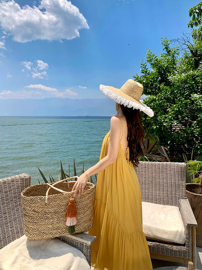 Minimalist A-Line Spaghetti Straps Flowy Maxi Dress Loose Fit Yellow Backless Long Dress AP3512