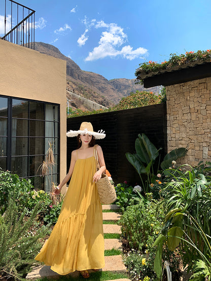 Minimalist A-Line Spaghetti Straps Flowy Maxi Dress Loose Fit Yellow Backless Long Dress AP3512