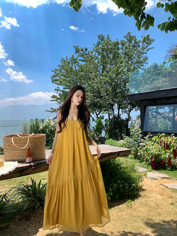 Minimalist A-Line Spaghetti Straps Flowy Maxi Dress Loose Fit Yellow Backless Long Dress AP3512